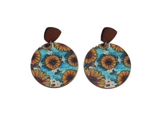 Wooden Earrings Turquoise Sunflower